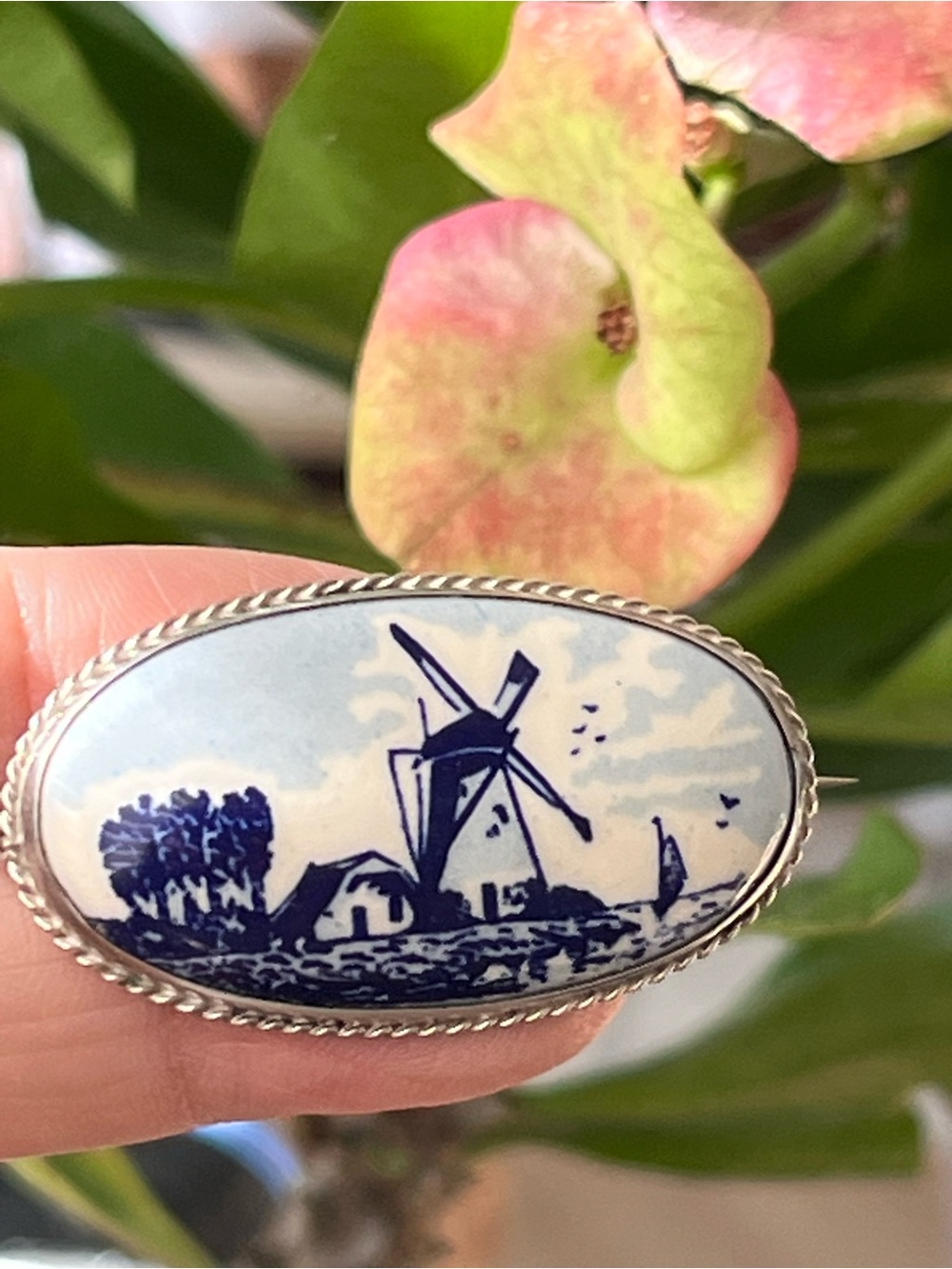 RARE Large Antique Dutch Delft Blue 835 Silver Brooch - HAND PAINTED Windmill